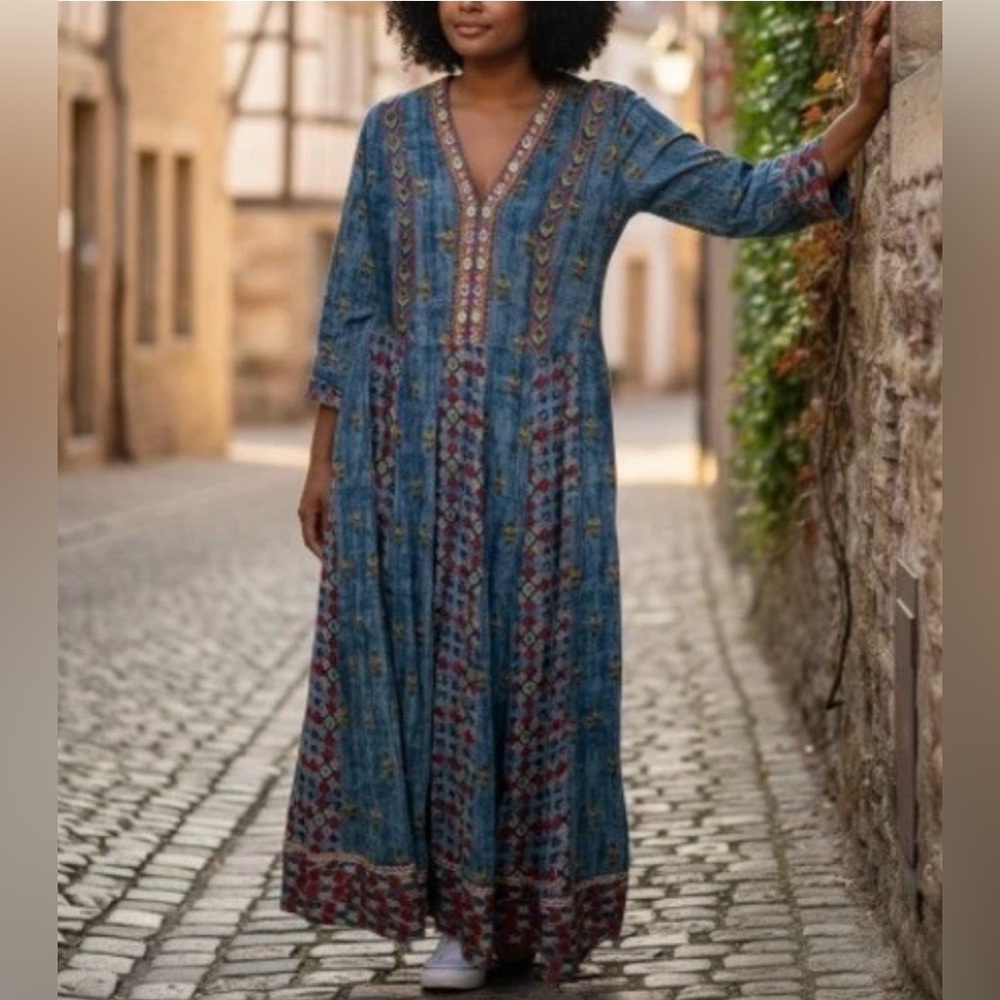 Soft Surroundings San Remo Embroidered Beaded Maxi Gypsy Boho Cottagecore dress